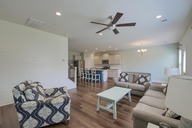 3018 Vincent Astor Dr, Johns Island, SC 29455 - living room with a ceiling fan, a chandelier, dark wood-style flooring, and recessed lighting