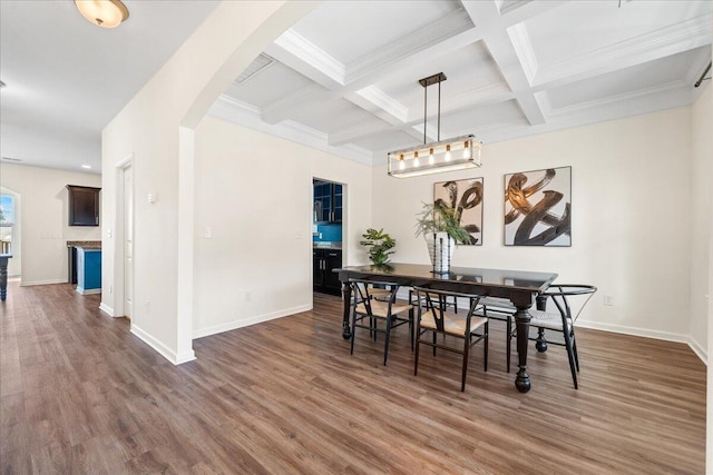 dining area with coffered ceiling, beam ceiling, ornamental molding, and dark hardwood / wood-style floors