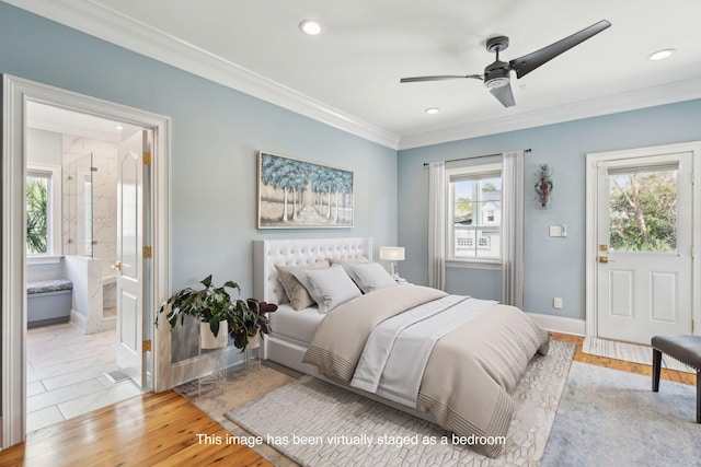 bedroom featuring connected bathroom, ceiling fan, light hardwood / wood-style floors, and ornamental molding