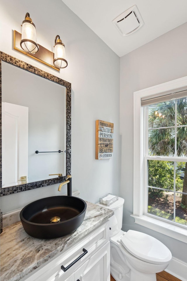 bathroom with plenty of natural light, toilet, and vanity