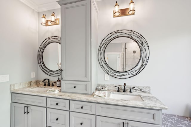 bathroom with vanity and crown molding