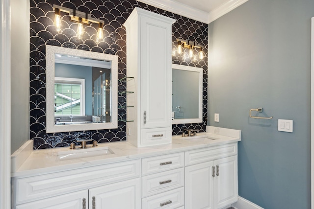 bathroom featuring decorative backsplash, vanity, and crown molding