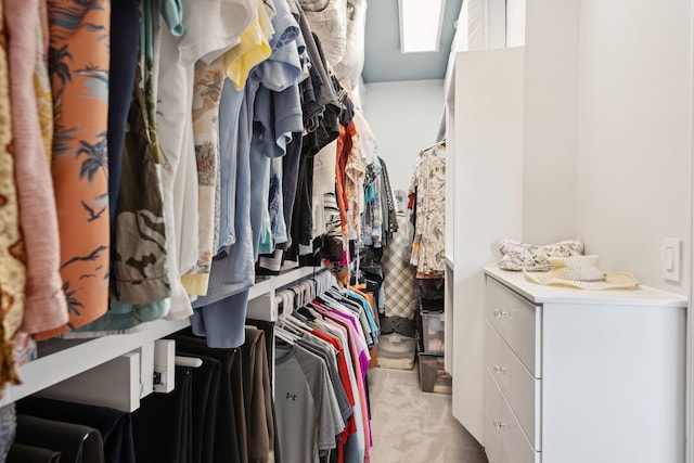 walk in closet with light carpet