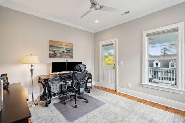 office area with hardwood / wood-style flooring, ceiling fan, and crown molding