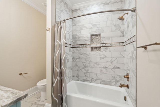 full bathroom with vanity, crown molding, shower / bathtub combination with curtain, and toilet