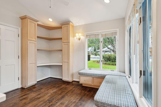 interior space with dark wood-type flooring, vaulted ceiling, and ceiling fan