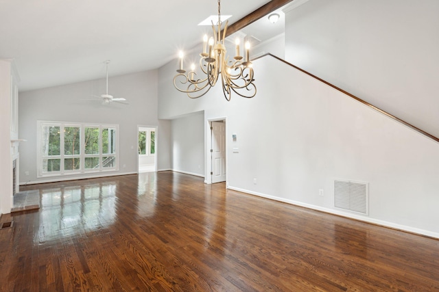 unfurnished living room featuring dark hardwood / wood-style floors, ceiling fan with notable chandelier, high vaulted ceiling, and beamed ceiling