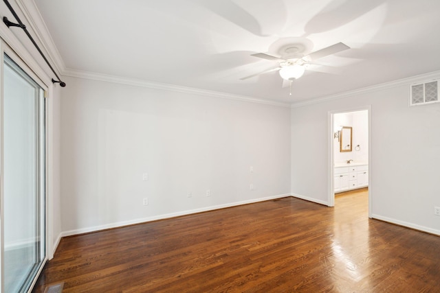 empty room with crown molding, ceiling fan, and wood-type flooring