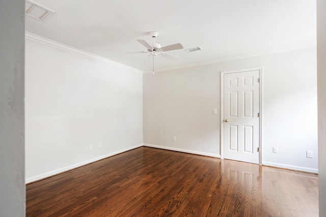 empty room with crown molding, ceiling fan, and wood-type flooring