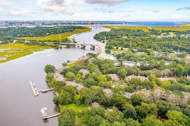 bird's eye view with a water view