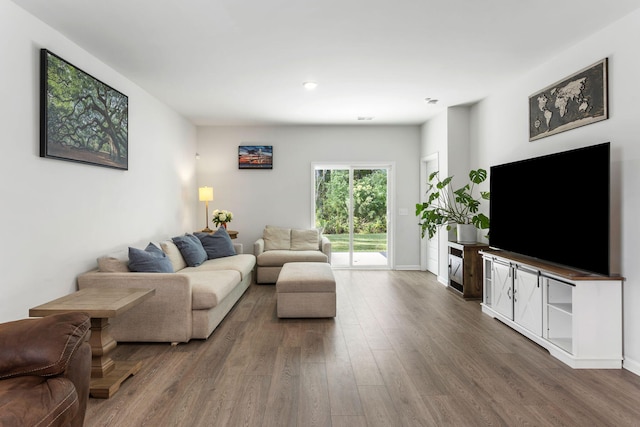 living room with dark hardwood / wood-style floors