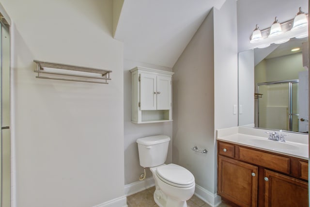 116 Venezia Ct, Ladson, SC 29456 - bathroom with a stall shower, toilet, baseboards, vanity, and vaulted ceiling