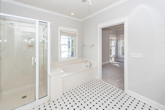 2517 Charter Oaks Dr, Mount Pleasant, SC 29466 - bathroom with a garden tub, a shower stall, plenty of natural light, crown molding, and recessed lighting