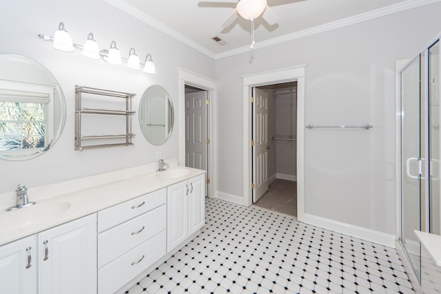 2517 Charter Oaks Dr, Mount Pleasant, SC 29466 - bathroom featuring a shower stall, ceiling fan, double vanity, ornamental molding, and a closet