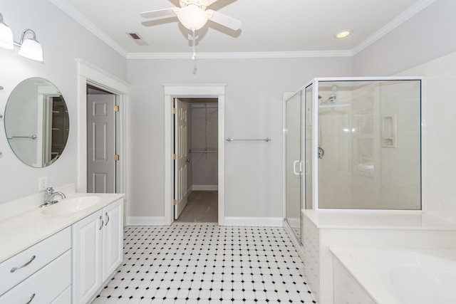 2517 Charter Oaks Dr, Mount Pleasant, SC 29466 - full bath with a stall shower, crown molding, vanity, a bath, and ceiling fan