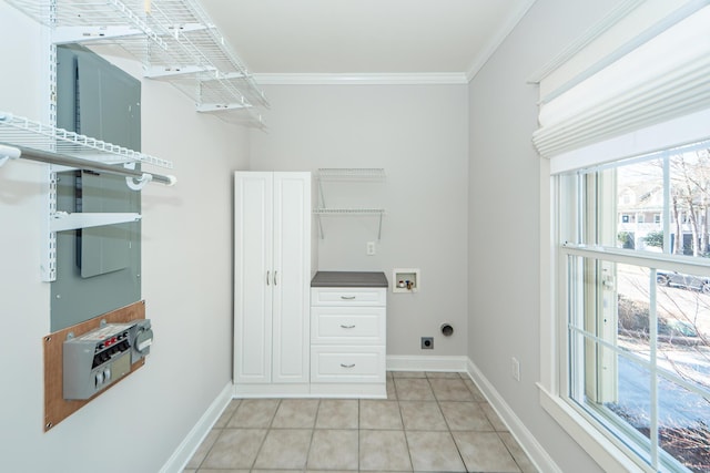 2517 Charter Oaks Dr, Mount Pleasant, SC 29466 - washroom with electric dryer hookup, hookup for a washing machine, light tile patterned floors, and crown molding