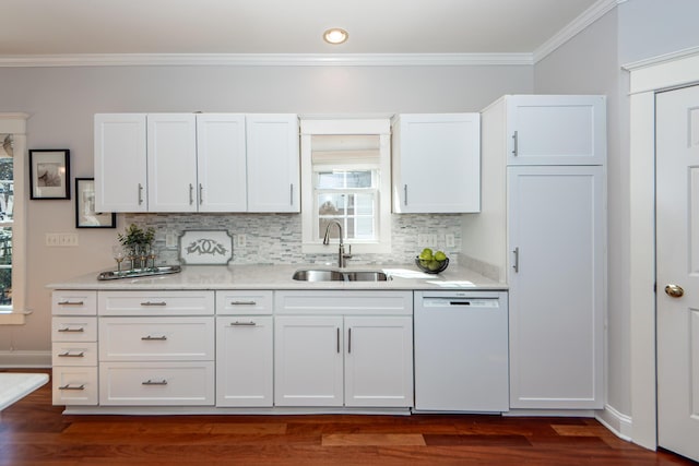 2517 Charter Oaks Dr, Mount Pleasant, SC 29466 - kitchen with white dishwasher, white cabinetry, decorative backsplash, crown molding, and dark wood-style floors