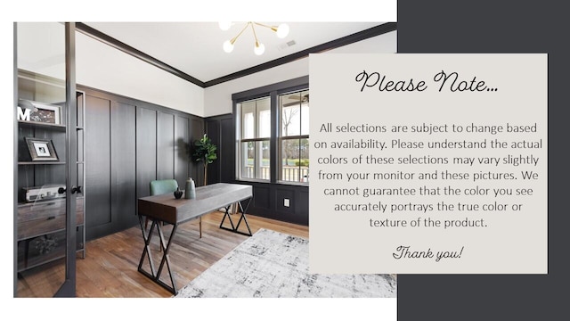 home office with light wood-type flooring, crown molding, and an inviting chandelier