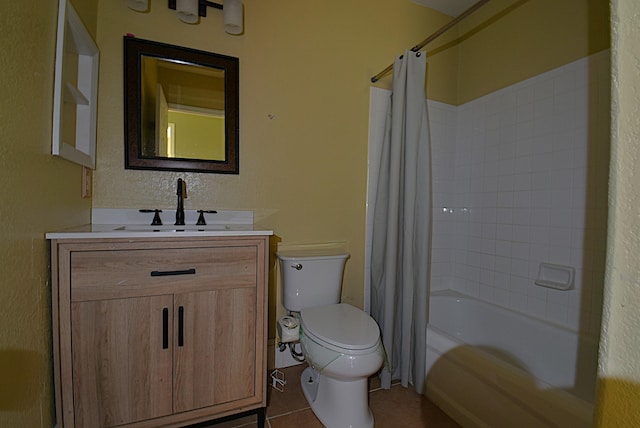 full bathroom featuring shower / tub combo with curtain, vanity, toilet, and tile patterned flooring