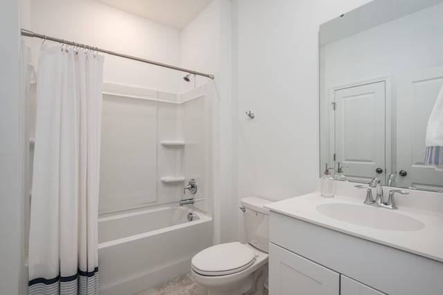 full bathroom with toilet, shower / tub combo with curtain, and vanity