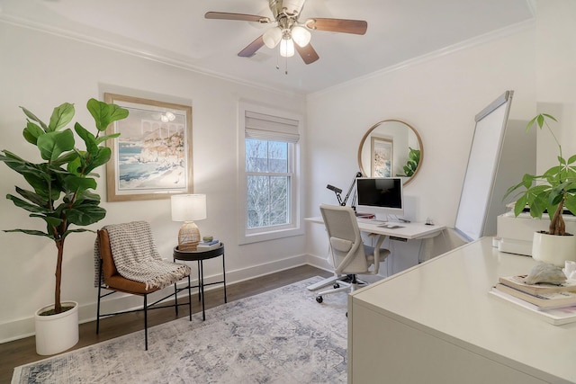 home office featuring a ceiling fan, wood finished floors, baseboards, and ornamental molding