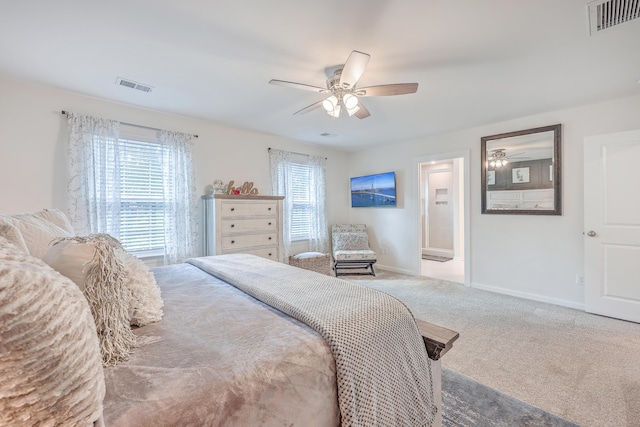 bedroom featuring carpet floors, baseboards, and ceiling fan