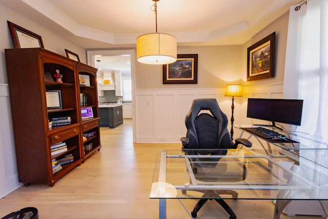 3025 Rampart Rd, Summerville, SC 29483 - office featuring light wood finished floors, ornamental molding, a wainscoted wall, and a tray ceiling