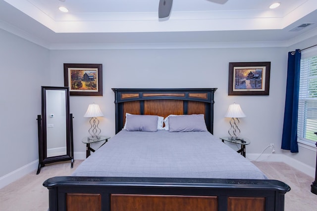 3025 Rampart Rd, Summerville, SC 29483 - bedroom with a raised ceiling, light colored carpet, baseboards, a ceiling fan, and recessed lighting