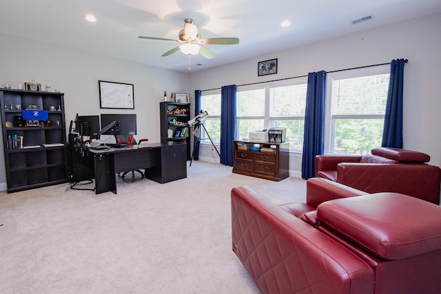 3025 Rampart Rd, Summerville, SC 29483 - home office with light carpet, a ceiling fan, recessed lighting, and baseboards