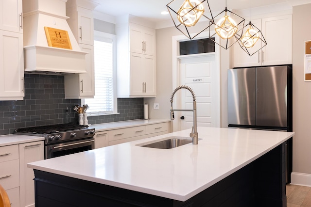 3025 Rampart Rd, Summerville, SC 29483 - kitchen with a sink, stainless steel appliances, premium range hood, light countertops, and an island with sink