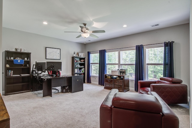 3025 Rampart Rd, Summerville, SC 29483 - home office featuring light carpet, ceiling fan, and recessed lighting