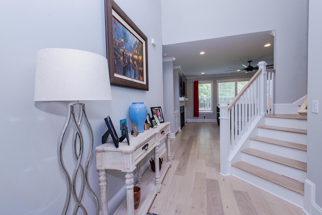 3025 Rampart Rd, Summerville, SC 29483 - foyer with light wood-type flooring, stairs, recessed lighting, a ceiling fan, and baseboards