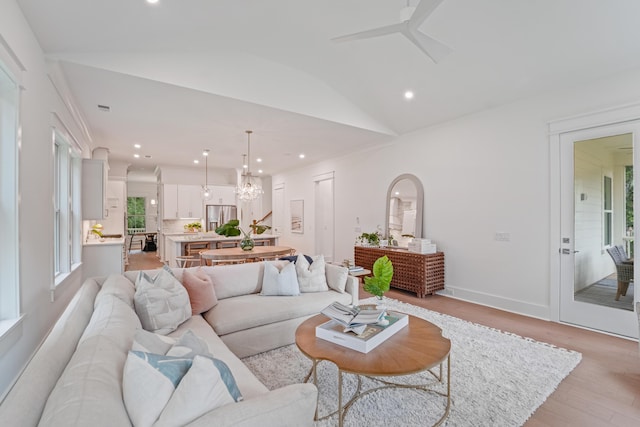 5710 Barbary Coast Rd, Hollywood, SC 29449 - living area featuring vaulted ceiling, light wood-style flooring, recessed lighting, a chandelier, and ceiling fan