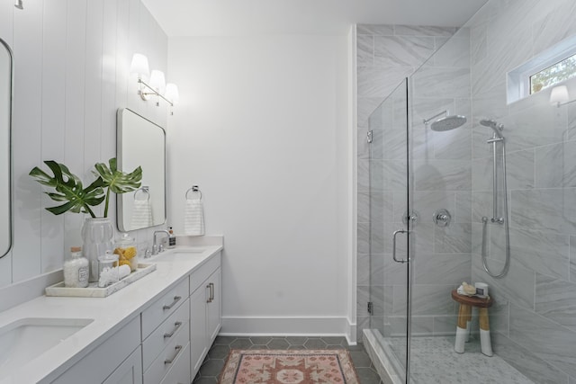 5710 Barbary Coast Rd, Hollywood, SC 29449 - bathroom with double vanity, a stall shower, and tile patterned floors