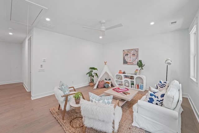 5710 Barbary Coast Rd, Hollywood, SC 29449 - living area with attic access, wood finished floors, recessed lighting, and a ceiling fan