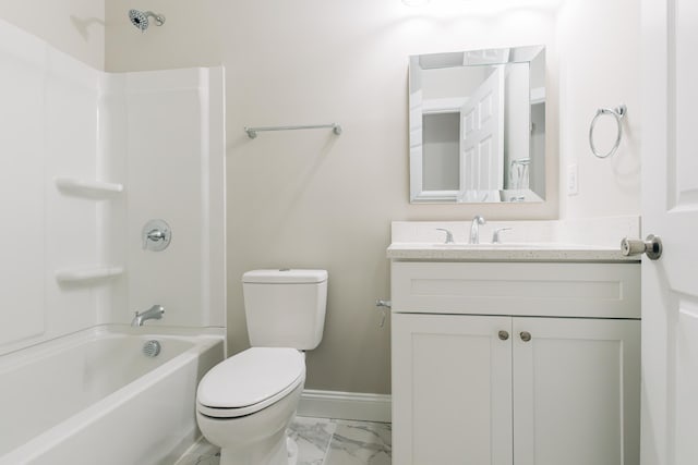 bathroom featuring baseboards, vanity, toilet,  shower combination, and marble finish floor