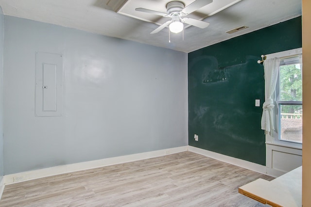 2702 Decatur St, North Charleston, SC 29405 - spare room with wood finished floors, electric panel, a ceiling fan, and baseboards