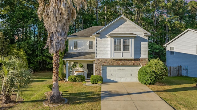 view of front of home with concrete driveway, a front lawn, a garage, and a shingled roof