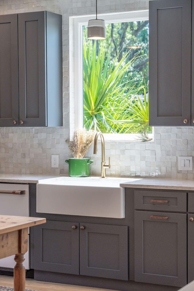 1012 E Erie Ave, Folly Beach, SC 29439 - kitchen featuring a sink, gray cabinetry, backsplash, and light countertops