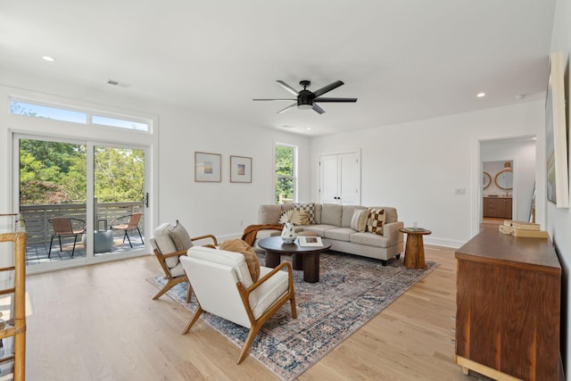 1012 E Erie Ave, Folly Beach, SC 29439 - living room with light wood finished floors, ceiling fan, recessed lighting, and baseboards