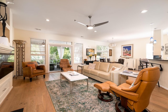 1231 Wild Olive Dr, Mount Pleasant, SC 29464 - living room featuring light wood-style flooring, a ceiling fan, and recessed lighting
