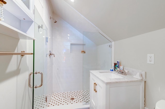 1231 Wild Olive Dr, Mount Pleasant, SC 29464 - full bathroom with a shower stall, vaulted ceiling, and vanity