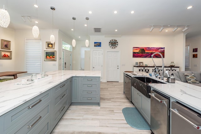 2226 Folly Rd, Charleston, SC 29412 - kitchen featuring ornamental molding, stainless steel dishwasher, light stone counters, gray cabinets, and recessed lighting