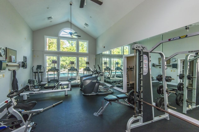45 Scyamore Ave Unit 623, Charleston, SC 29407 - gym with a ceiling fan and high vaulted ceiling