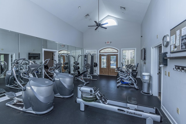 45 Scyamore Ave Unit 623, Charleston, SC 29407 - exercise room with a ceiling fan, high vaulted ceiling, and french doors