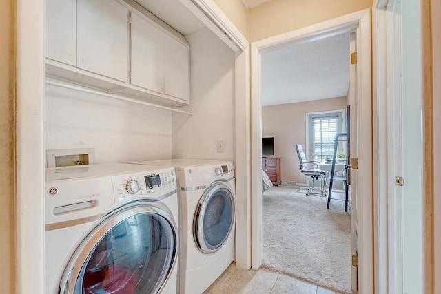 4636 Ashley View Ln, North Charleston, SC 29405 - laundry area with light colored carpet, cabinet space, washer and dryer, and light tile patterned flooring