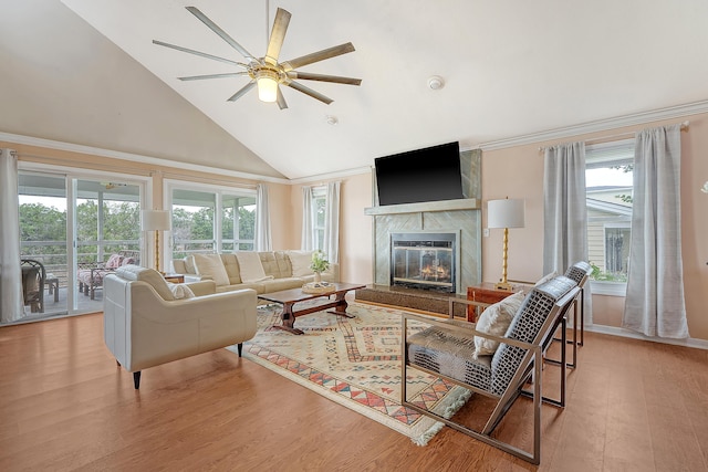 4636 Ashley View Ln, North Charleston, SC 29405 - living room with high vaulted ceiling, light wood finished floors, ceiling fan, a fireplace, and plenty of natural light