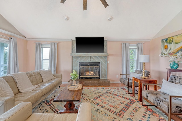 4636 Ashley View Ln, North Charleston, SC 29405 - living room featuring vaulted ceiling, healthy amount of natural light, a high end fireplace, and a ceiling fan
