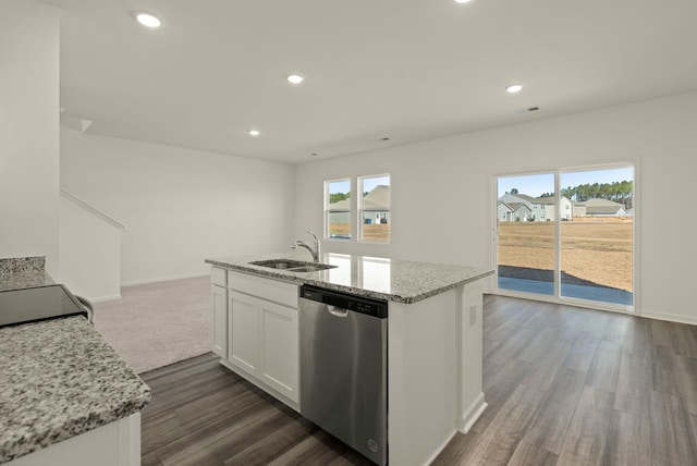 kitchen featuring light stone counters, dark wood-style flooring, a sink, white cabinetry, and dishwasher