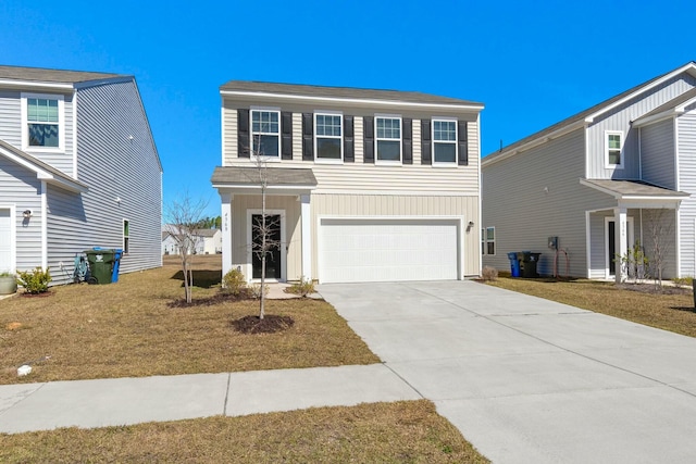 view of front facade featuring a garage, concrete driveway, a front lawn, and board and batten siding